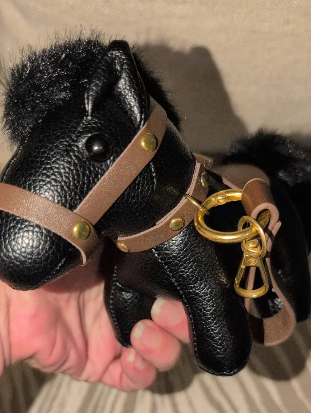 Black Leather Pony Bag Charm with Brown Harness and Gold Toned Hardware